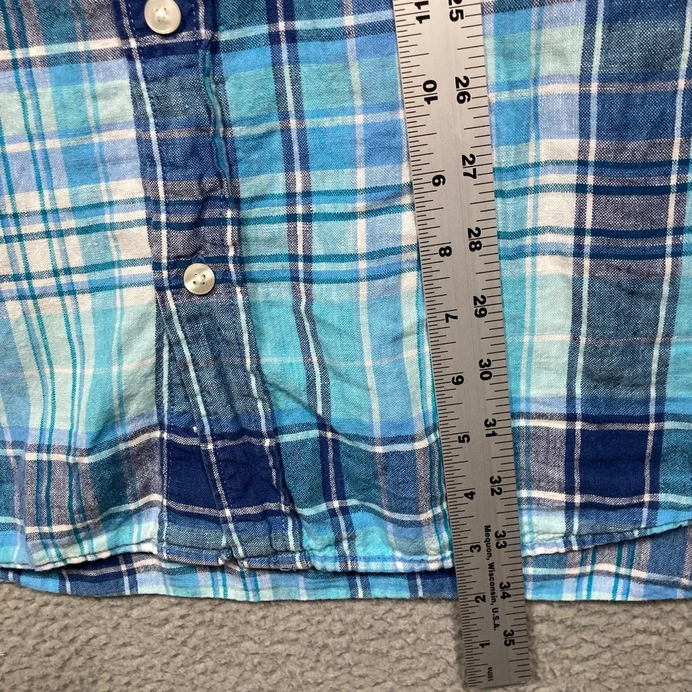 LL Bean Linen Button Shirt Mens XXL Tall Blue Plaid Short Sleeve Slightly Fitted
